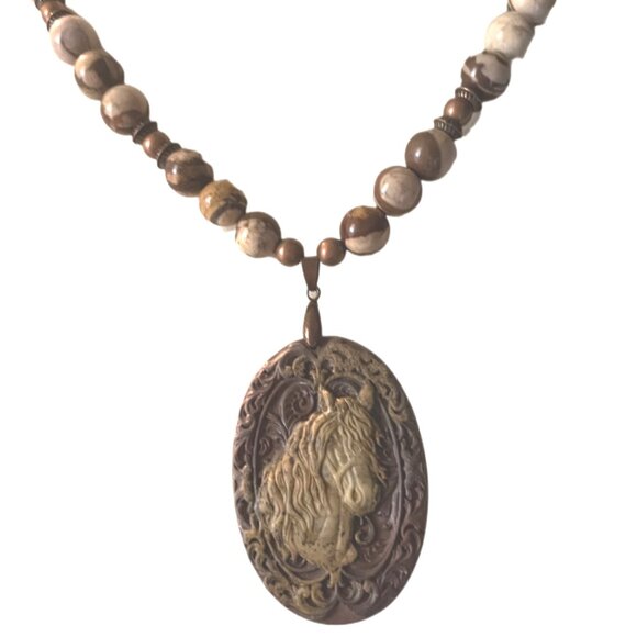 Handcrafted Brown (plum tint) & Cream Jasper Beaded Necklace with Horse Pendant - Picture 2 of 9